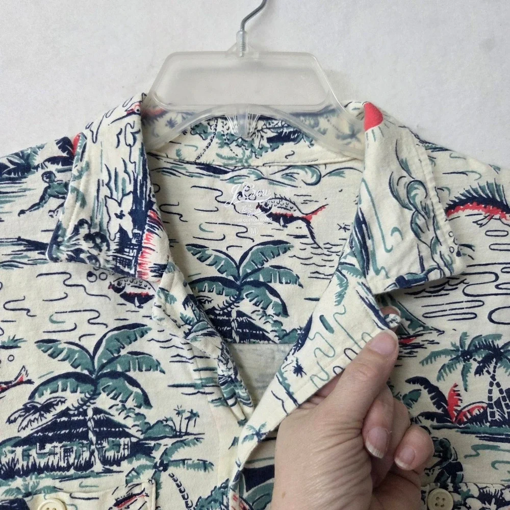 J Crew Loop Collar Shirt Men Slub Cotton Hawaiian Print Short Sleeve Button Up M